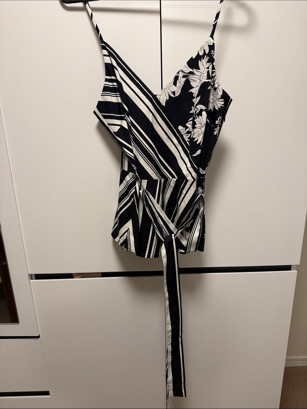 White House Black Market Black & White Striped Floral Wrap Camisole